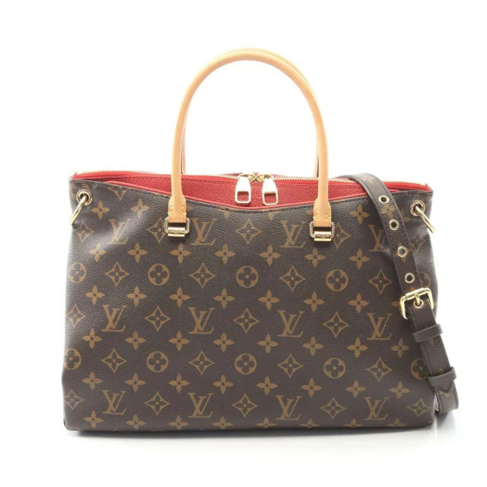 Louis Vuitton Pallas Handbag Canvas Leather Monogram Brown Red